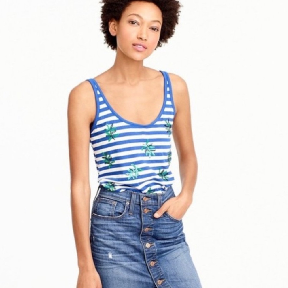 J Crew Palm Sequin Top Blue White Striped XXS NWT - Picture 1 of 4